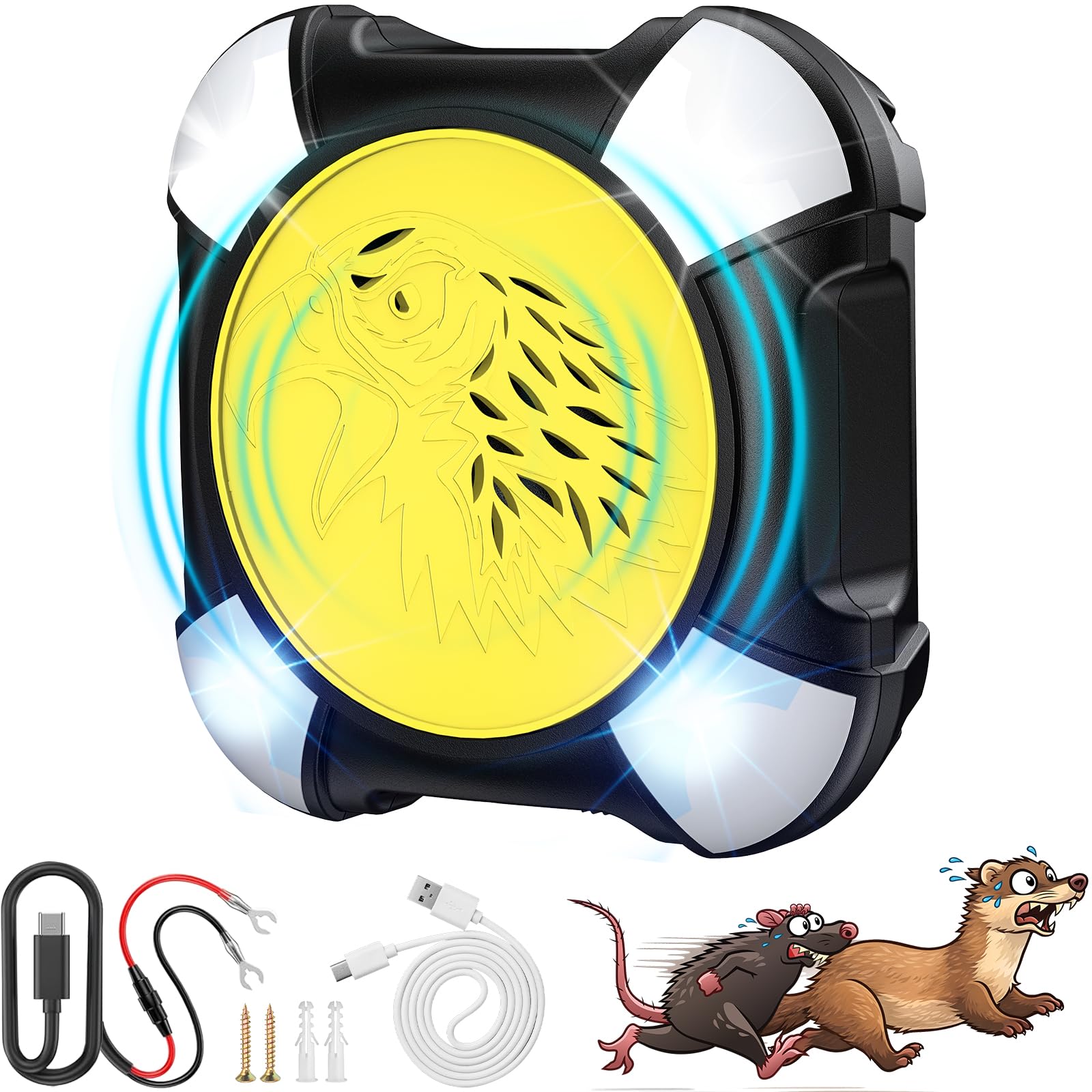 Onherm Marderschreck Auto, Ultraschall Mausabwehr, 12V Kfz-Stromversorgung und USB-Stromversorgung, Nagetiervertreiber und Mäusevertreiber, Ausgestattet mit LED-Blinkwarnleuchte (1 Stück)