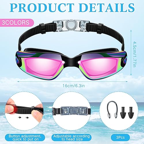 Miniatura 9 de Flutesan Paquete de 3 gafas de natación antivaho, gafas de natación de silicona ajustables con clip para la nariz y tapones para los oídos, para