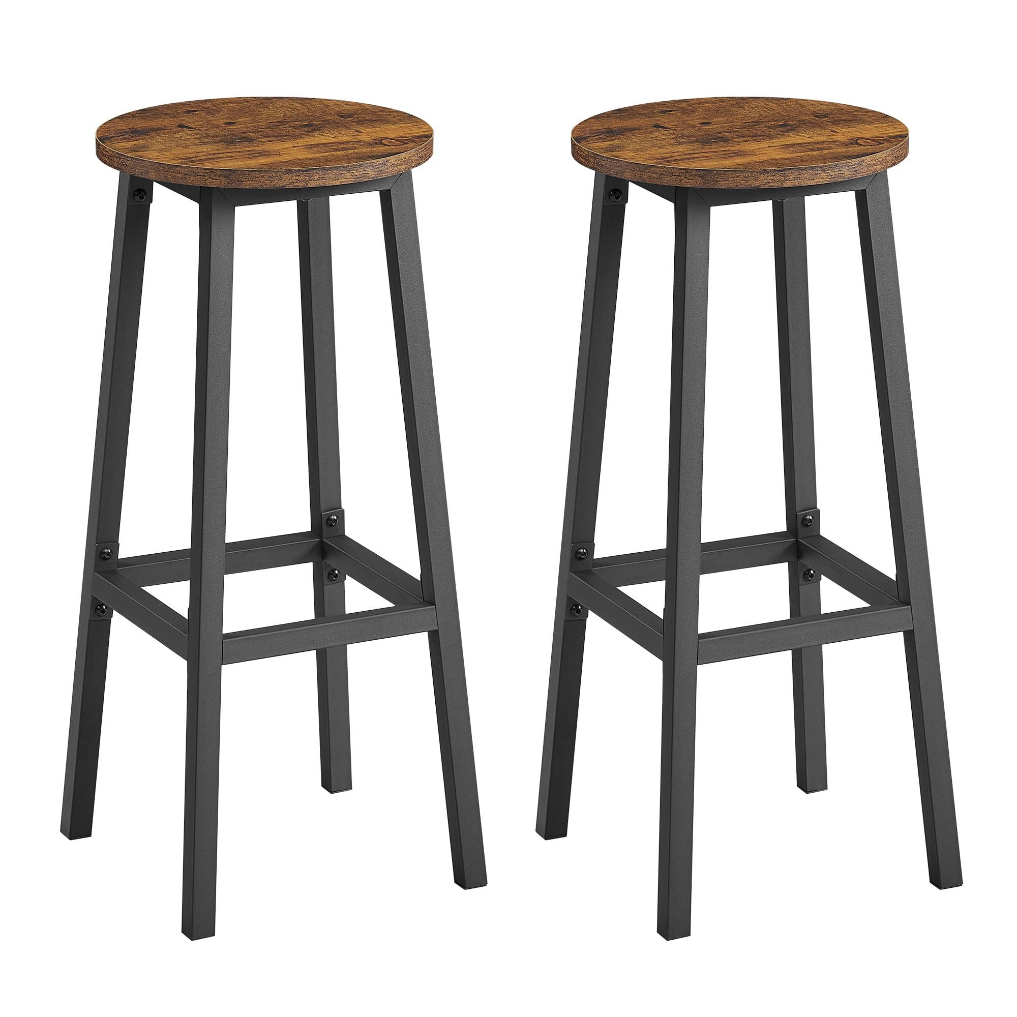 VASAGLE Taburete de Bar, Juego de 2, Sillas de Bar, Sillas de Cocina con Marco de Metal, Altura 74 cm, con Reposapiés, para Cocina, Salón, Comedor, Marrón Rústico y Negro LBC132K01