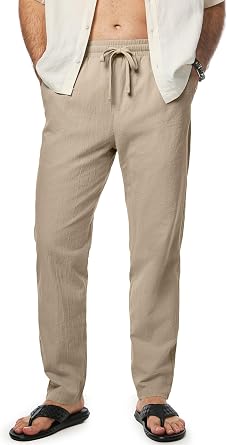 JMIERR Mens 100% Cotton Pants Casual Elastic Waist Drawstring Lightweight Summer Beach Trousers with Pockets