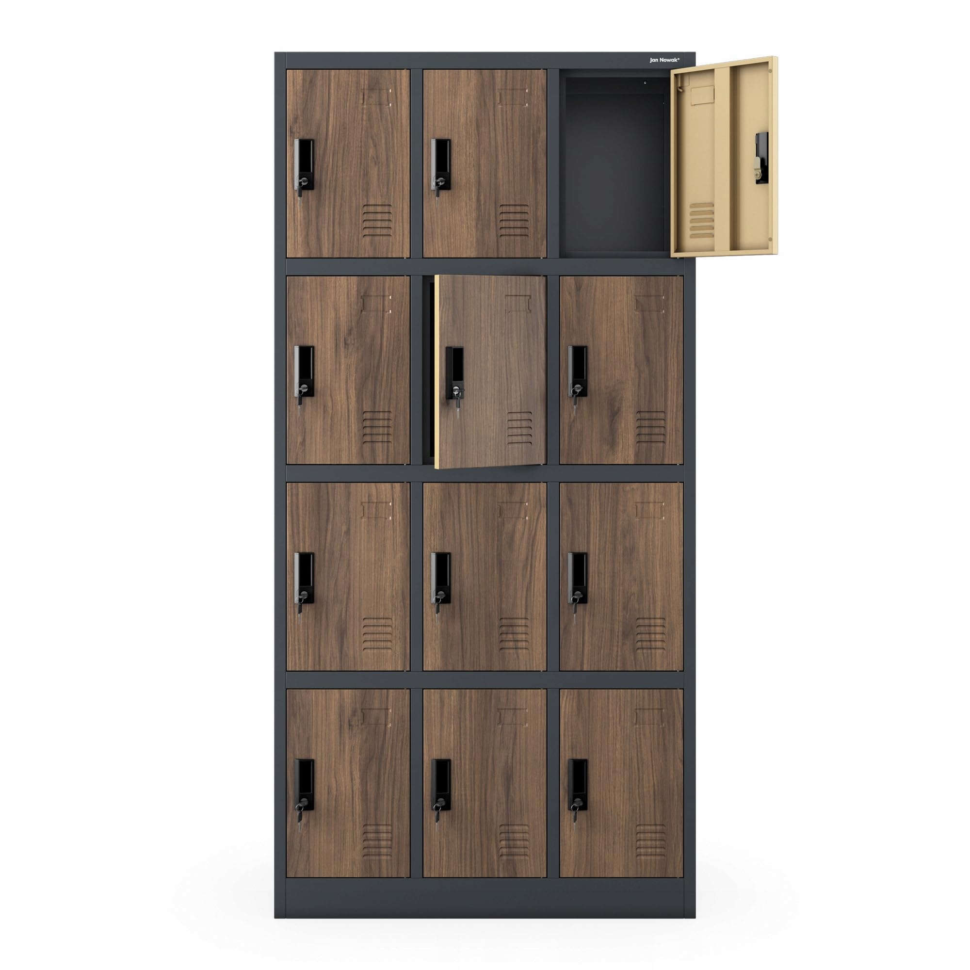 Jan Nowak Armario para Vestuario 3B4A Taquilla Metálico con 12 Compartimentos Ranuras de ventilación Recubrimiento de Polvo 185 cm x 90 cm x 40 cm Antracita-Madera