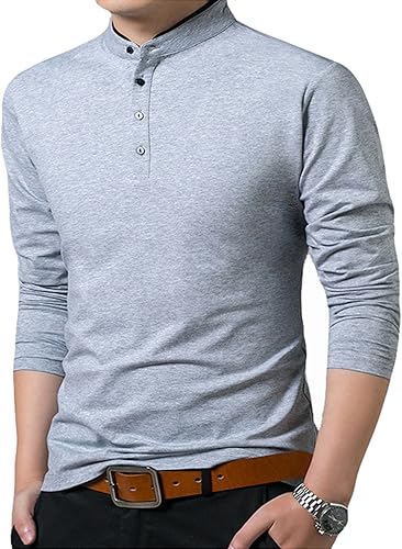 Miniatura 3 de KUYIGO Camisas de manga larga estilo polo para hombre, estilo informal, cuello mandarín, ajustadas, de algodón