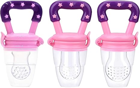 Baby Pacifier Food and Fruit Feeder, Silicone Teether, Pink, Small, Medium and Large, 3-12+ Months Old Infants and Toddlers - 3 Pack