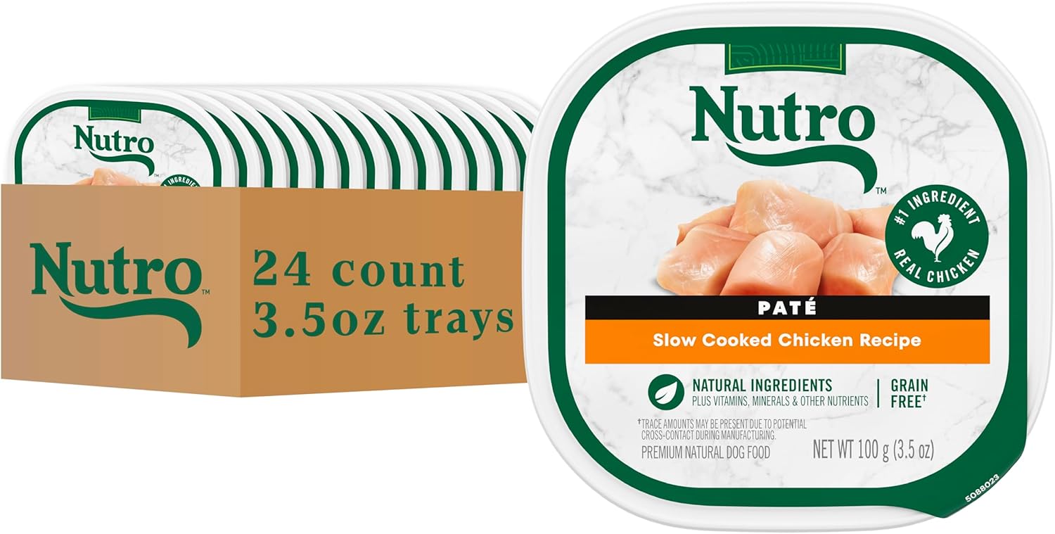 Nutro Adult Natural Grain Free Wet Dog Food Pate, Adult Dog Food Wet Recipe, Slow Cooked Chicken Recipe, 3.5 oz. Trays (24 Count, Pack of 1)