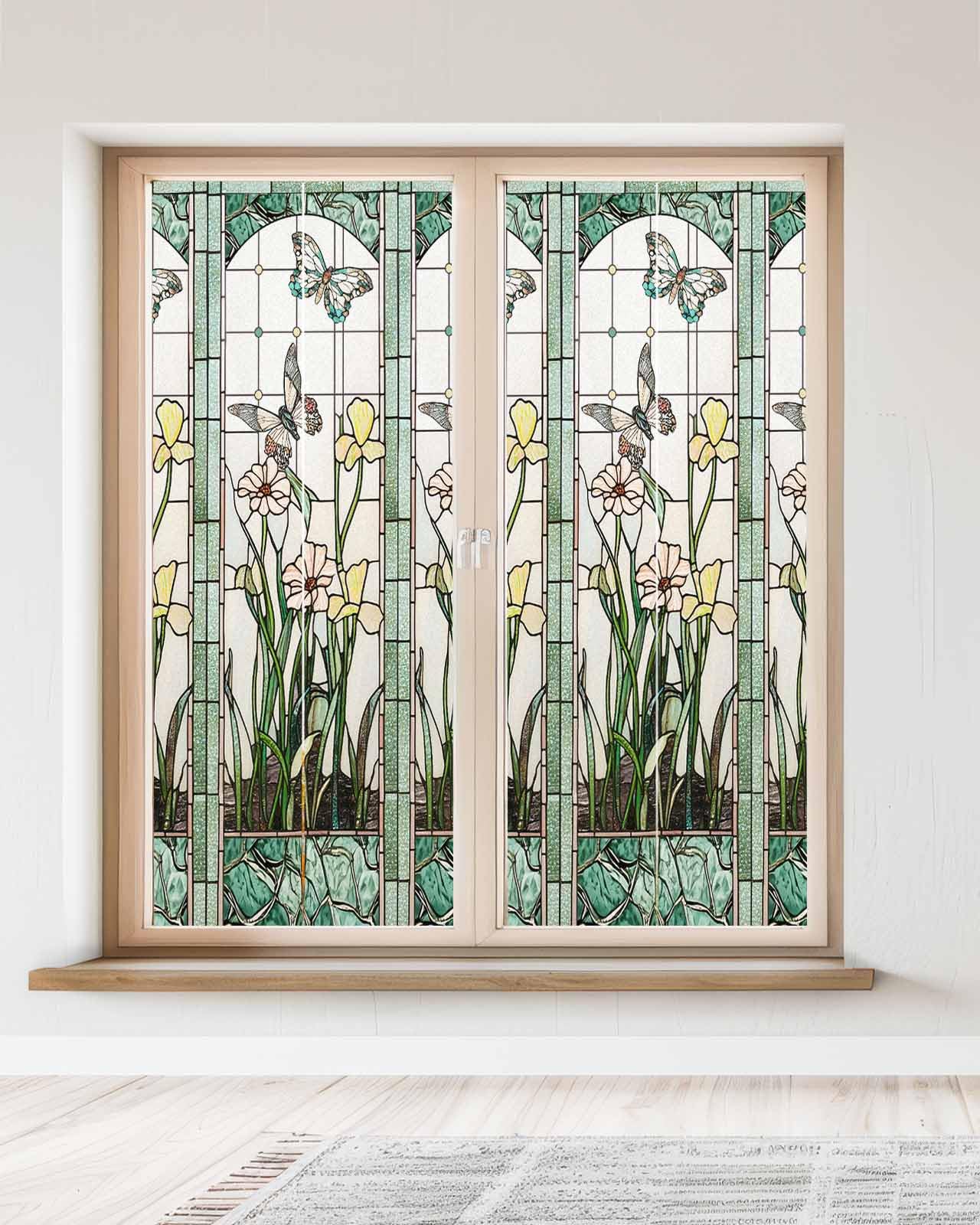Vintage Floral Window Privacy Film Stained Glass Window Film Decorative Window Cover Static Window Cling for Glass Door Farmhosue Flower Butterfly Green Beige Window Stickers for Bathroom 23.6