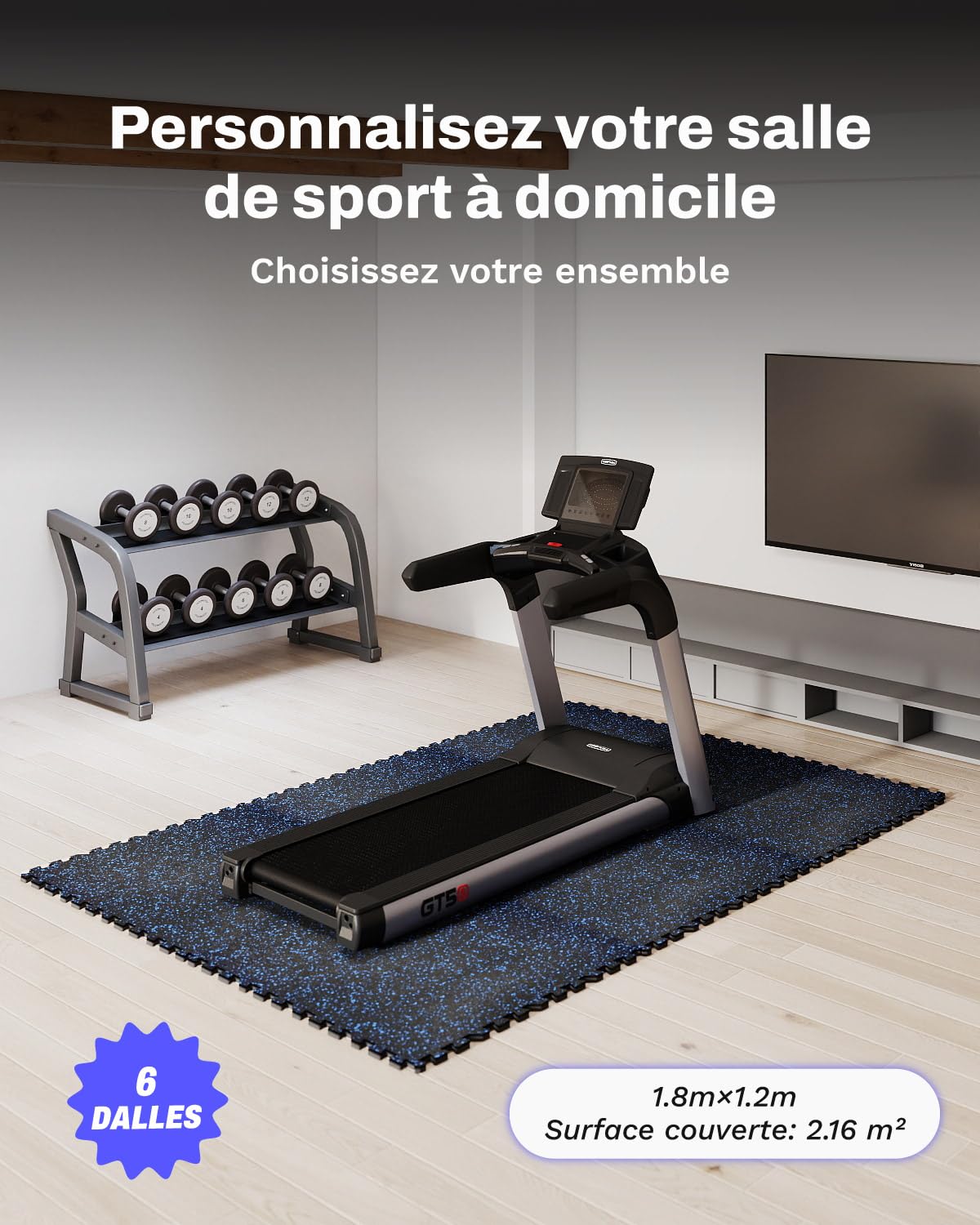 AIRHOP 6 Tapis 60x60x1,4 cm Tapis de Fitness d'Équipement avec Surface en Caoutchouc Robuste et Épais, Tapis de Protection de Sol en Puzzle pour Salle de Sport et Domicile,Noir&ble