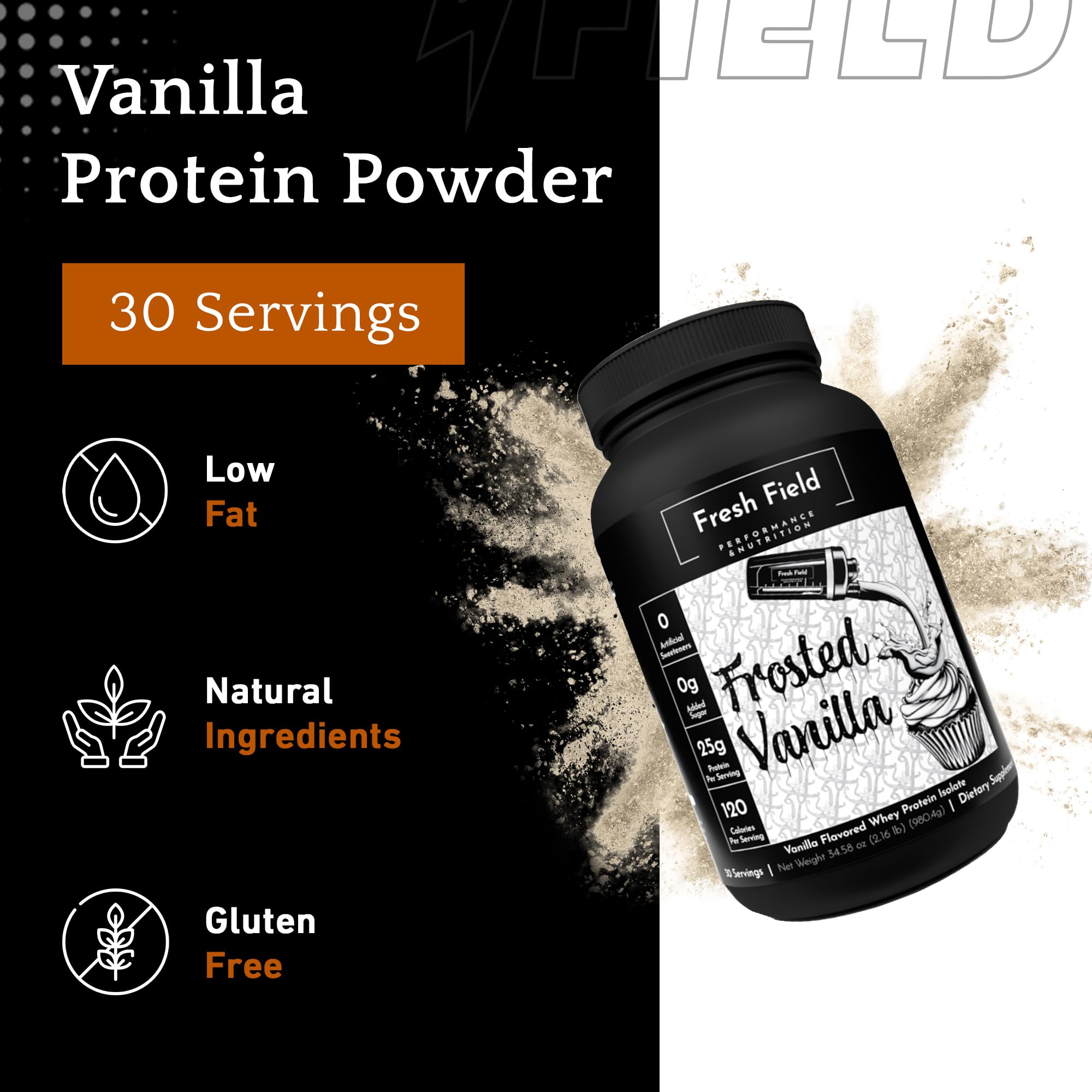 Fresh Field Vanilla Protein Powder - 25g Whey Protein Isolate, Gluten-Free & Soy-Free, Sugar-Free, 30 Servings - Natural Whey Protein Powder for Workout Fitness & Nutrition Shakes - 2.16 lb