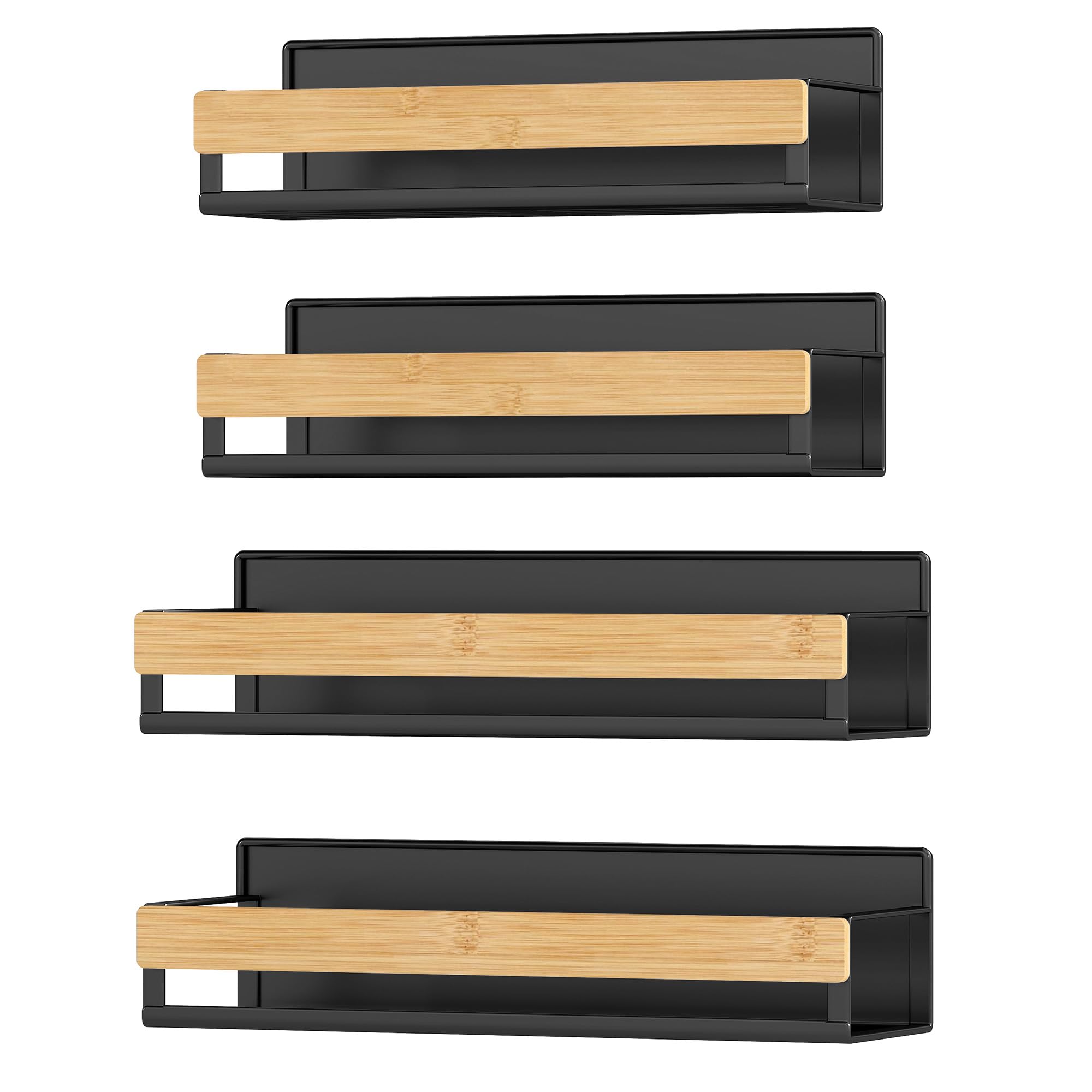 SONGMICS Magnetic Spice Racks, Set of 4, 2 Large and 2 Small Shelves, Spice Organisers, No Drilling Needed, Kitchen Shelf for Refrigerator, Microwave, Washing Machine, Bamboo, Ink Black KCS062BH01