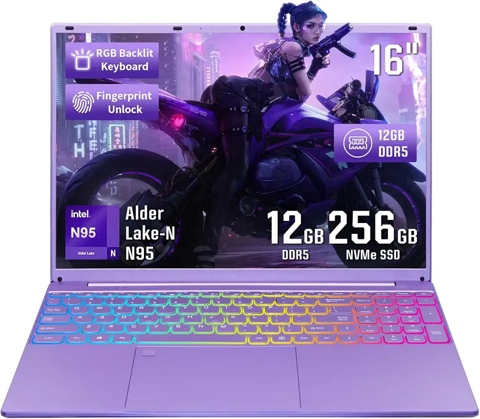 Computador Portátil, Tela Fhd Ips De 16" Com Moldura Estreita, Celeron N95 (Até 3,4 Ghz), 12 Gb Ddr5, Windows 11 Quatro Núcleos, Retroiluminação Colorida, Desbloqueio Por Impressão Digital, U