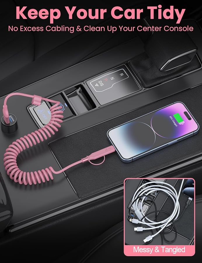Pink Coiled Car Charging Cable 2-in-1 (USB-C & Lightning), 3FT Cute Car Accessories for iPhone 17/16/15, Samsung Galaxy — Supports Apple CarPlay & Android Auto - image 5
