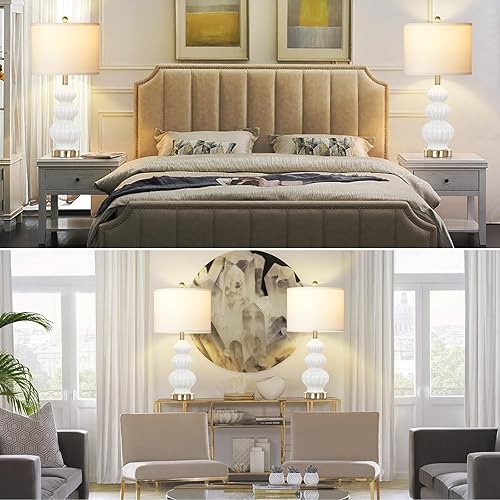 Miniatura 7 de Juego de 2 lámparas de mesa de cerámica de triple calabaza, modernas lámparas de noche blancas con interruptor giratorio, lámparas de mesita de