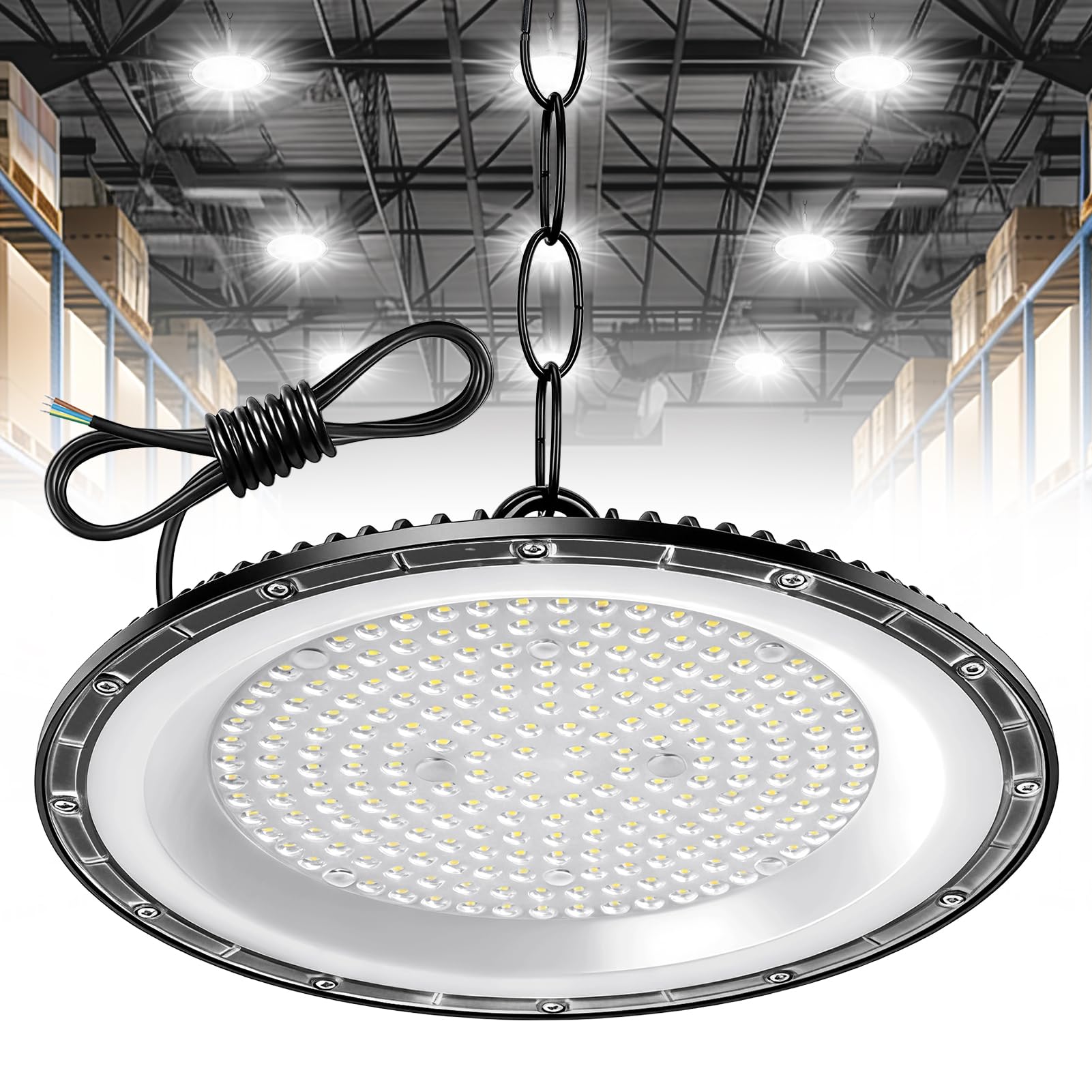 300W UFO LED High Bay Light, 6500K Cold White Workshop Lighting, 20000LM Super Bright Workshop Lighting, IP65 Waterproof Industrial Lights with 50cm Chain for Workshop, Warehouse, Garage, Factory