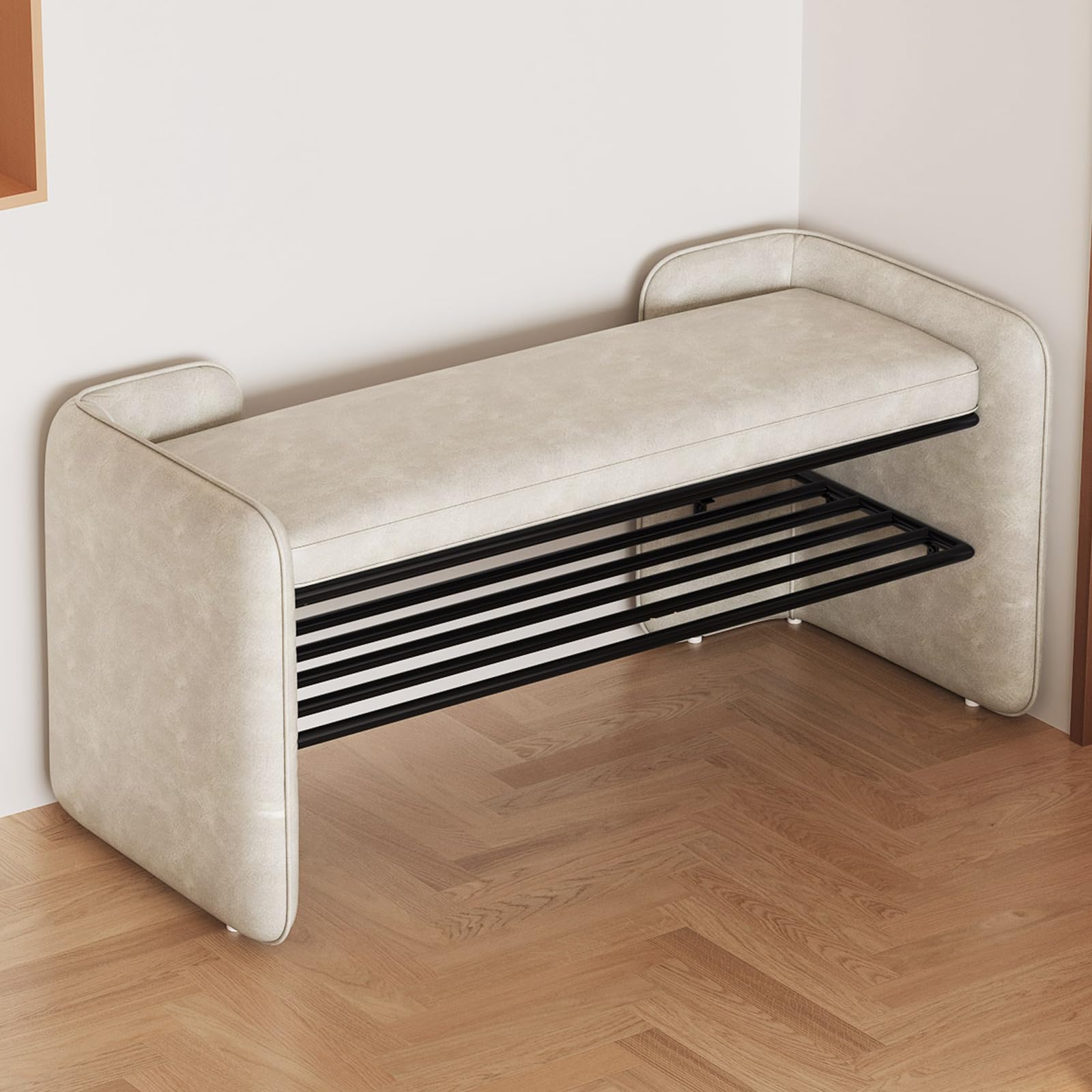 Miuuod 120cm Entryway Shoe Rack with Cushion Padded Seat, 2-Tier Shoe Bench for Entry, Stable Shoes Organizer for Entry, Hallway, Living Room, Bedroom
