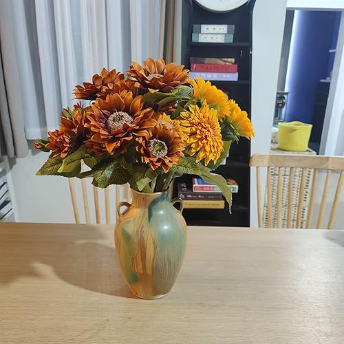 Miniatura 9 de Cerámica de terracota  Jarrón decorativo único de granja de 10 pulgadas con asa, jarrón verde esmaltado amarillo tierra bohemio neutro decoración