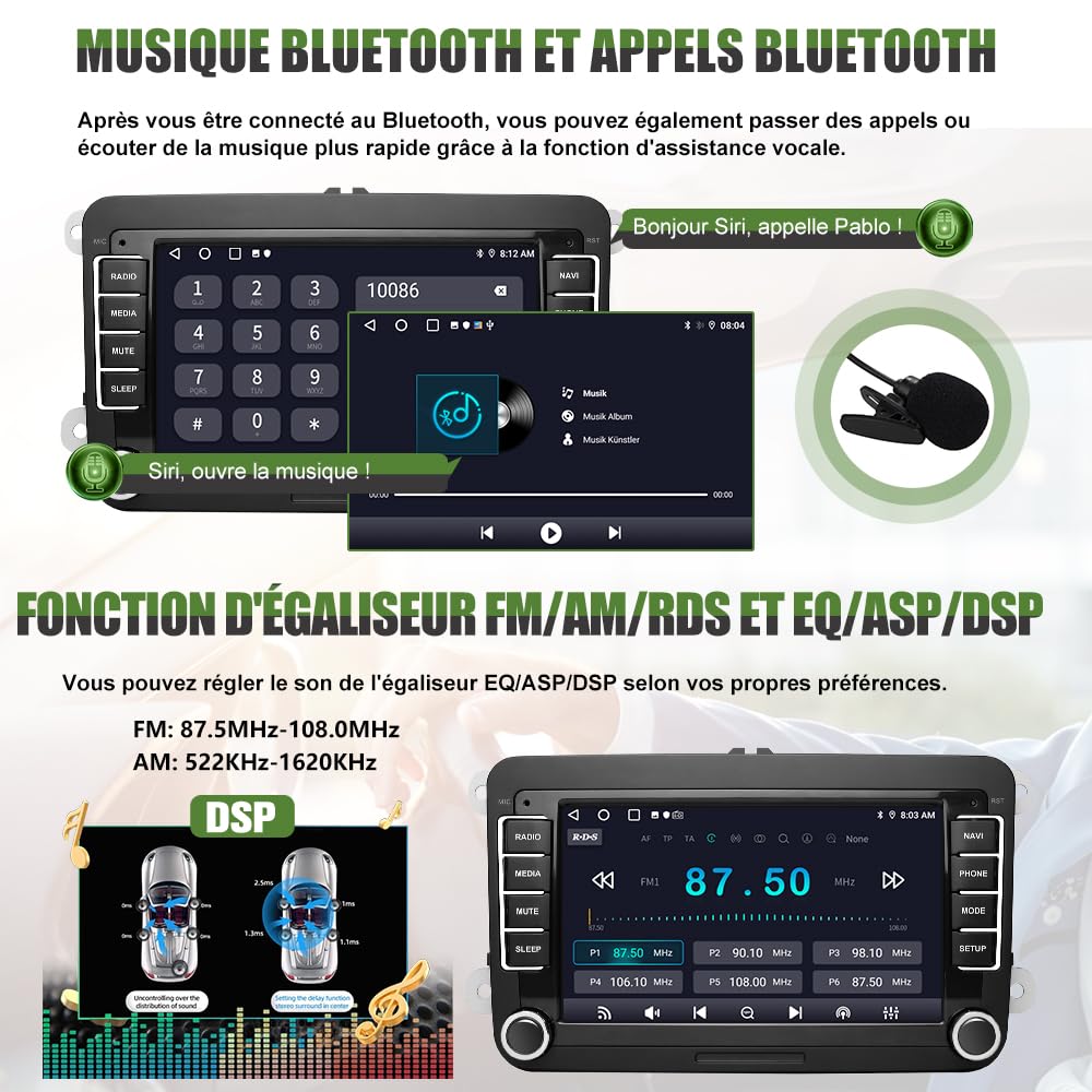 AWESAFE Autoradio Android pour Golf 5 6 VW Passat Polo Seat Skoda, 7 “ HD écran Tactile, intégré Bluetooth carplay Android Auto FM,RDS,GPS,WiFi avec Camera de recul[2Go+64Go]