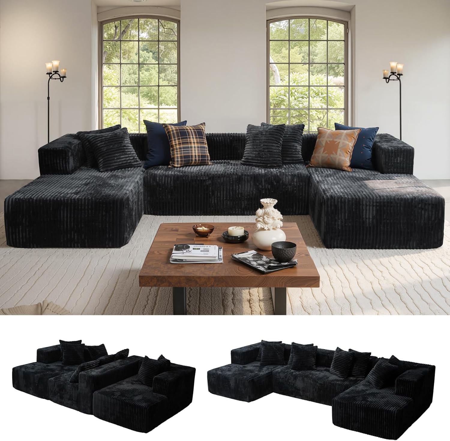 U Shaped Sectional Couches for Living Room, 129'' Black Modular Boneless Cloud Sofa with 2 Chaise Lounges, 4-in-1 Flexible Combination Layered Foam Cushion Deep Seat Corner Couch, No Assembly