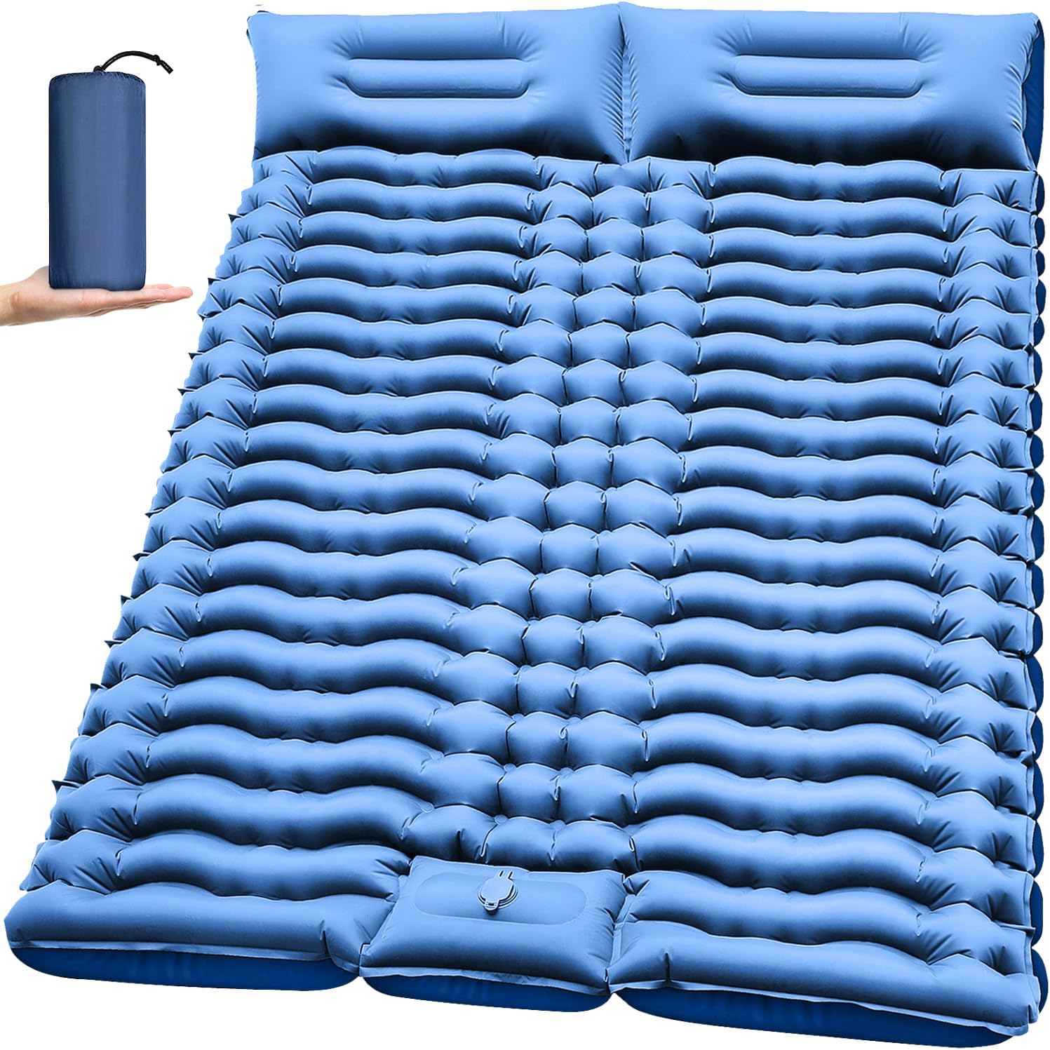 FUN PAC Double Sleeping Pad for Camping- Self Inflating 4"" Extra-Thick with Pillow Built-in Foot Pump Inflatable Sleeping Mat for Backpacking, Hiking, Traveling, Tent, Full, Blue, ZYK-SRBT-01