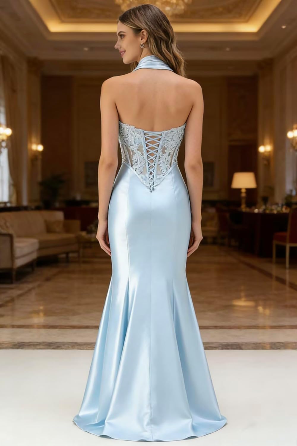 Women Strapless Satin Prom Dresses Mermaid Corset Lace Long Formal Gowns Elegant Neck Scarf Evening Party Dresses 2026