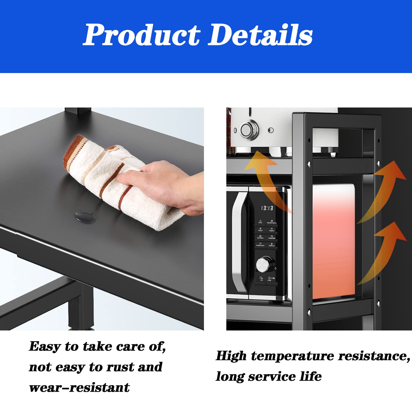 Soporte ajustable para microondas con estante de metal extensible y 6 ganchos para almacenamiento de cocina, encimera, ollas y sartenes, solución que ahorra espacio