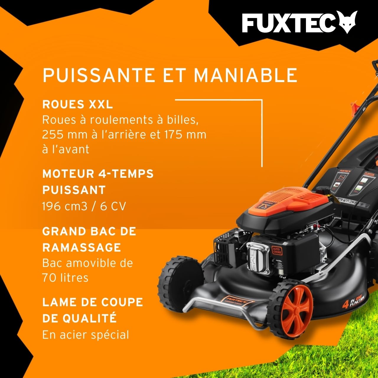 FUXTEC Tondeuse Thermique FX-RM5396 avec Largeur de Travail 53cm autotractée puissante cylindrée 196cm3 Easy Clean 4en1 6CV / 4,4KW Mulching/bac de ramassage 70L