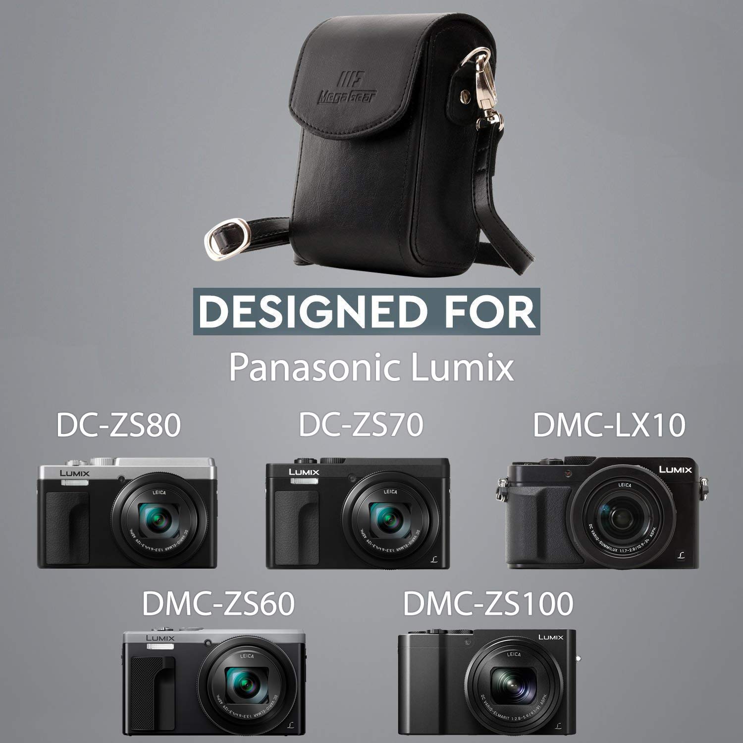 MegaGear MG700 Panasonic Lumix DC-ZS70, DC-TZ90, DMC-LX10, DMC-ZS60, DMC-TZ80, DMC-ZS100, TZ100, TZ101, Skórzane etui na aparat z paskiem - czarne