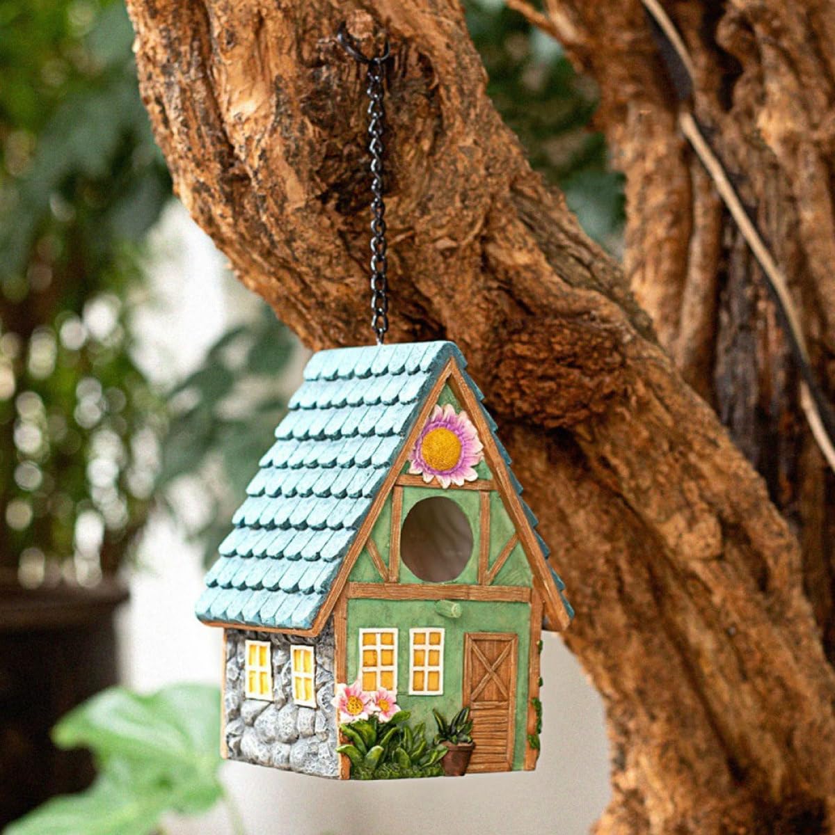 Angoily Nido de Pájaro de Resina para Jardín Exterior, Casa para Pájaros Fácil de Colgar Estilo Rústico, Refugio Cálido para Aves en Balcón y Patio