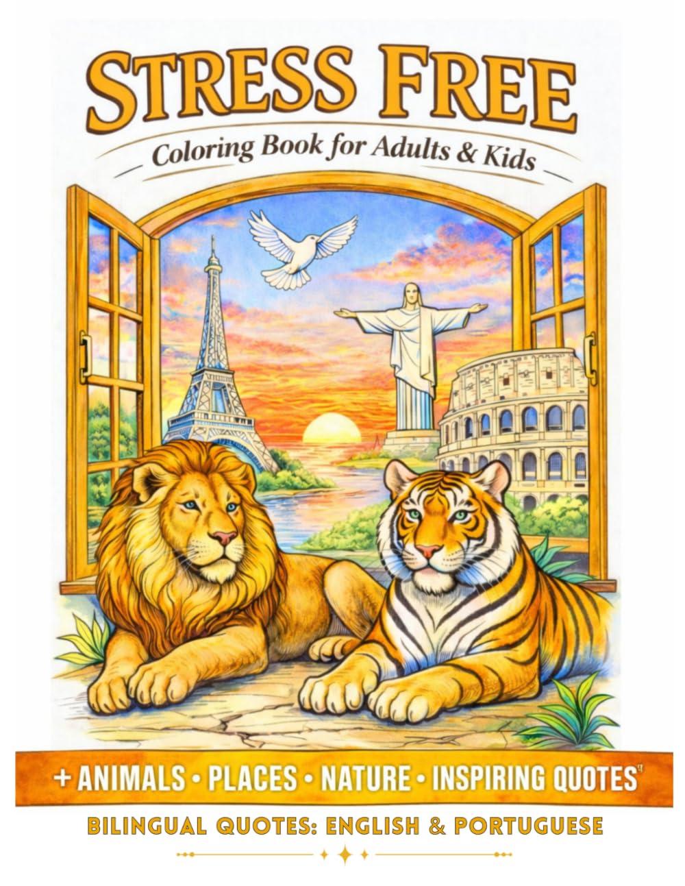 Stress Free Coloring Book: “60 Beautiful Illustrations of Animals, Famous Places, Flowers and Relaxing Designs for Adults & Kids
