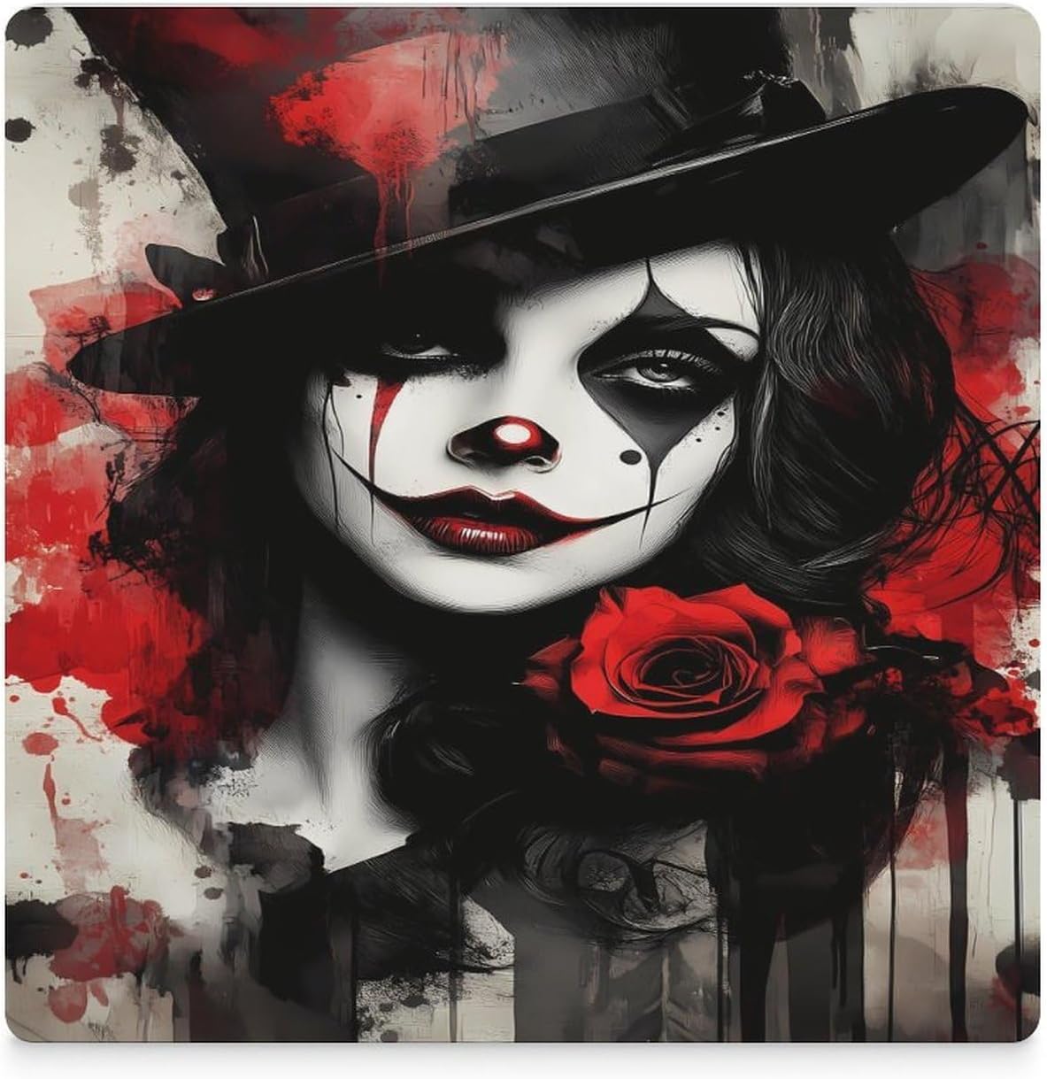 Pretty Clown Woman Rose Painting Ceramic Coasters Set Square Drink Coasters Table Coaster for Kitchen Desktop Decor