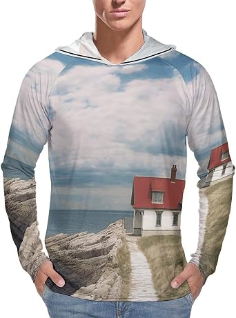 Mens Sun Protection Hoodie Shirts UPF 50+ Long Sleeve Rash Guard Lighthouse Backdrop Sun Shirt Outdoor