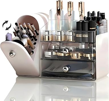 RONGZHIERK Makeup Organizer for Vanity with Covered Brush Holder，Bathroom Organizers with Drawer，Skin Care Organizer，Makeup O