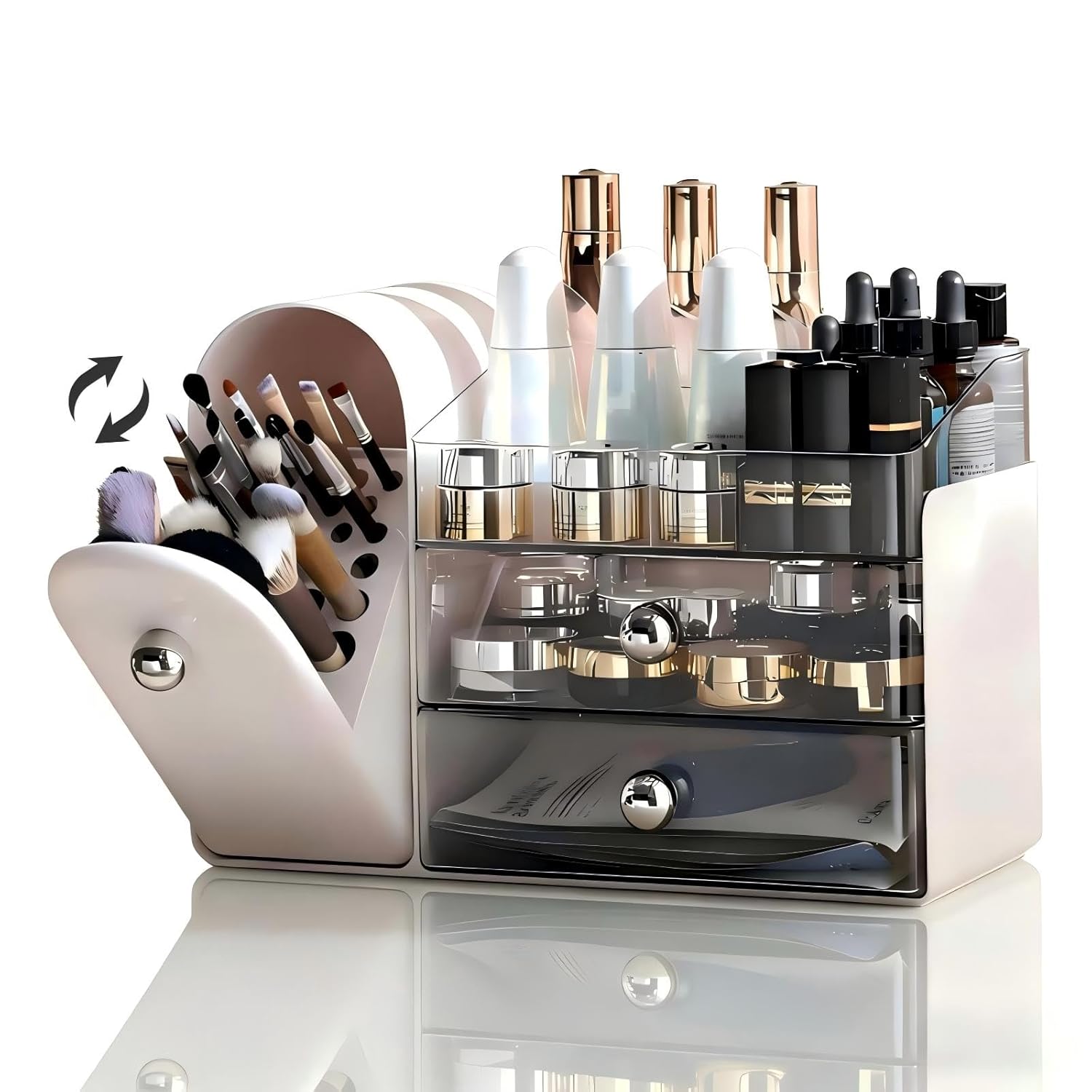 Booklov Rotating Makeup Organizer for Vanity, Large Capacity Cosmetic Display Case, Clear Acrylic Countertop Beauty Storage Holder for Skincare, Brush Eyeshadow Lipstick, Counter Desk, Crystal Amber