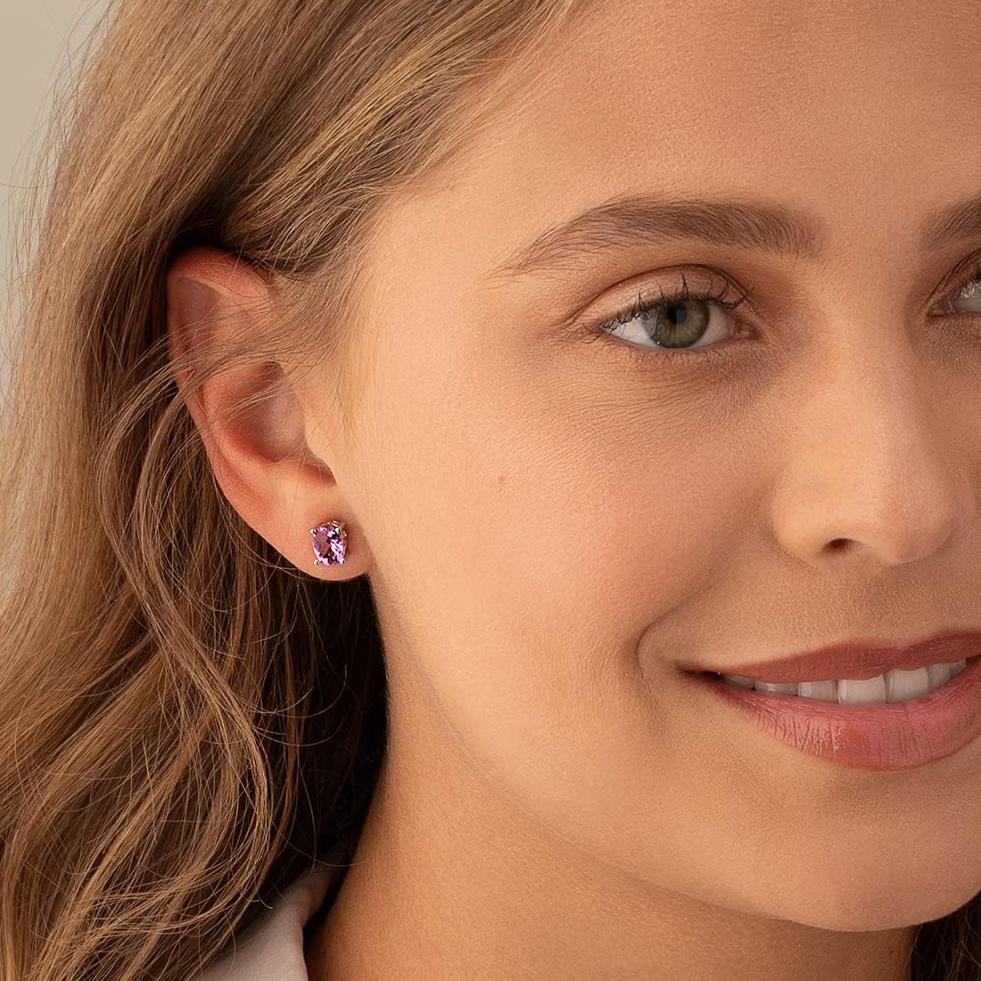 Peora Amethyst Stud Earrings 925 Sterling Silver, Solitaire Scroll Gallery, Natural Gemstone Birthstone, 1.50 Carats Total, Oval Shape 7x5mm, Friction Backs