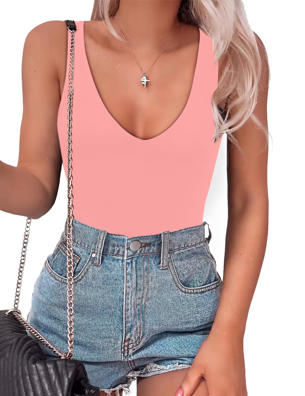 SAUNGKUAI Women’s Sexy Plunge Deep V Neck Backless Sleeveless Tank Double Lined Thong Bodysuit Tops