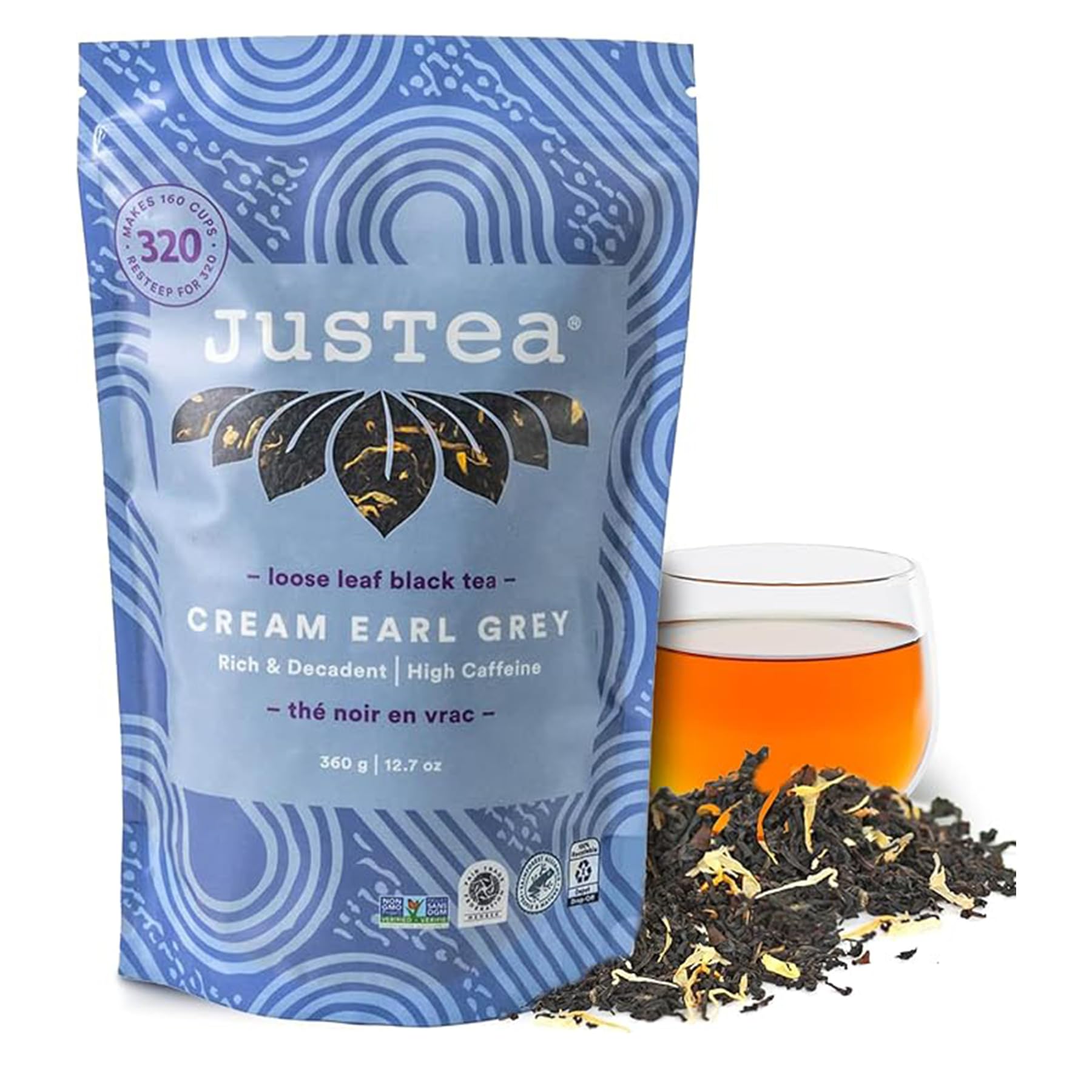 JusTea CREAM EARL GREY | Loose Leaf Black Tea | Recyclable Refill Pouch | 160+ Cups (12.7oz) | High Caffeine | Award-Winning | Fair Trade | Non-GMO