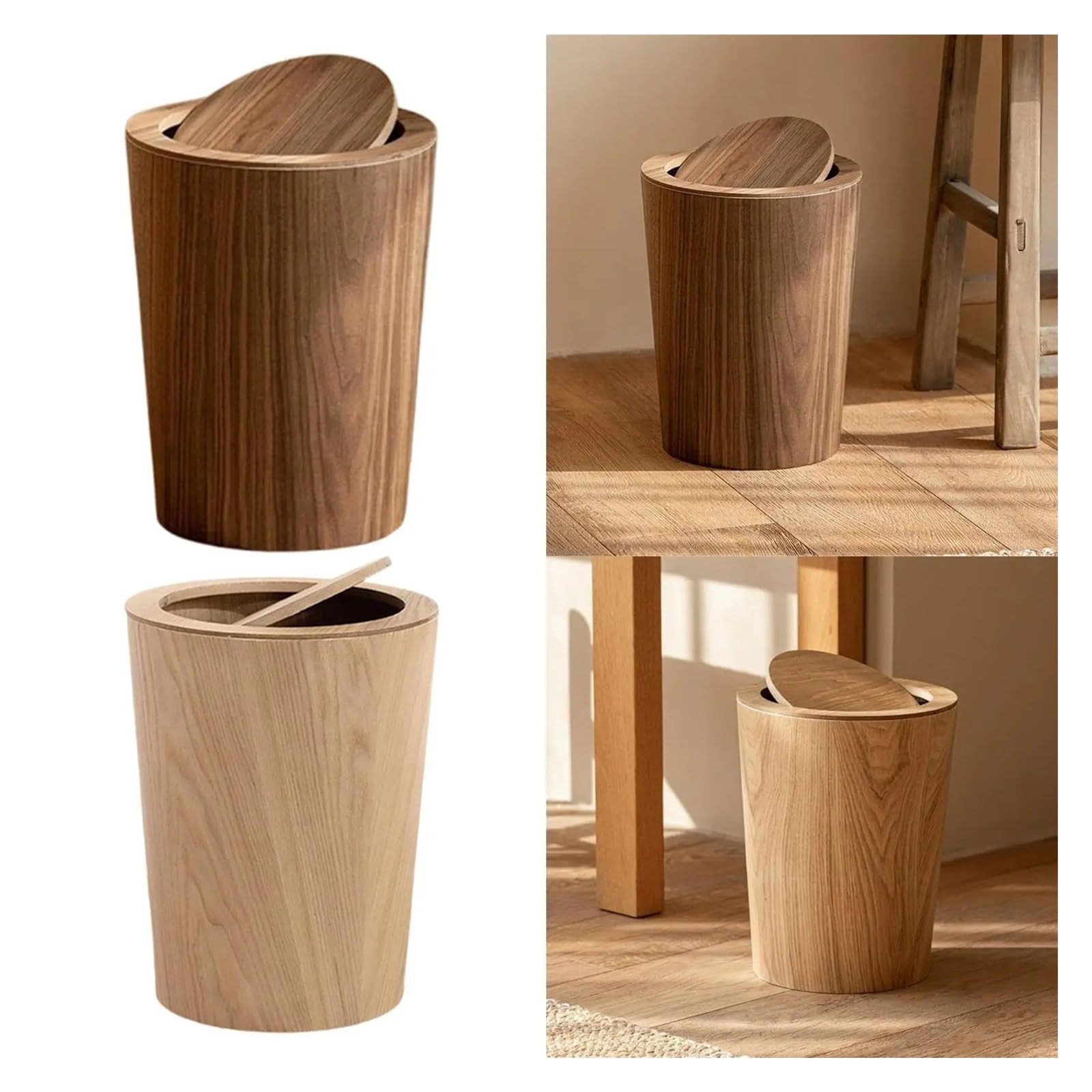 Holz-Mülleimer Mit Deckel, Rustikaler Papierkorb For Büro, Wohnzimmer, Schlafzimmer Kompakt Und Stabil(Wood Color)