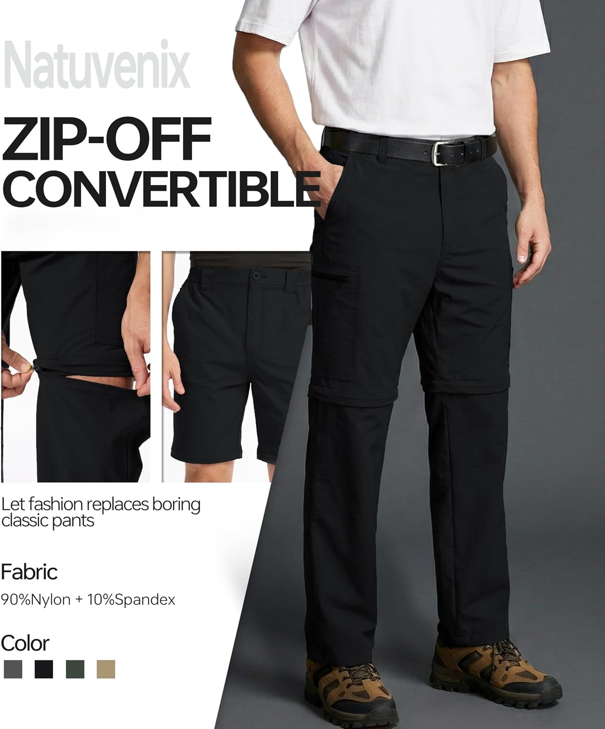 NATUVENIX Men's Hiking Convertible Pants, Zip Off Lightweight Quick Dry Water Resistant Cargo for Travel Fishing