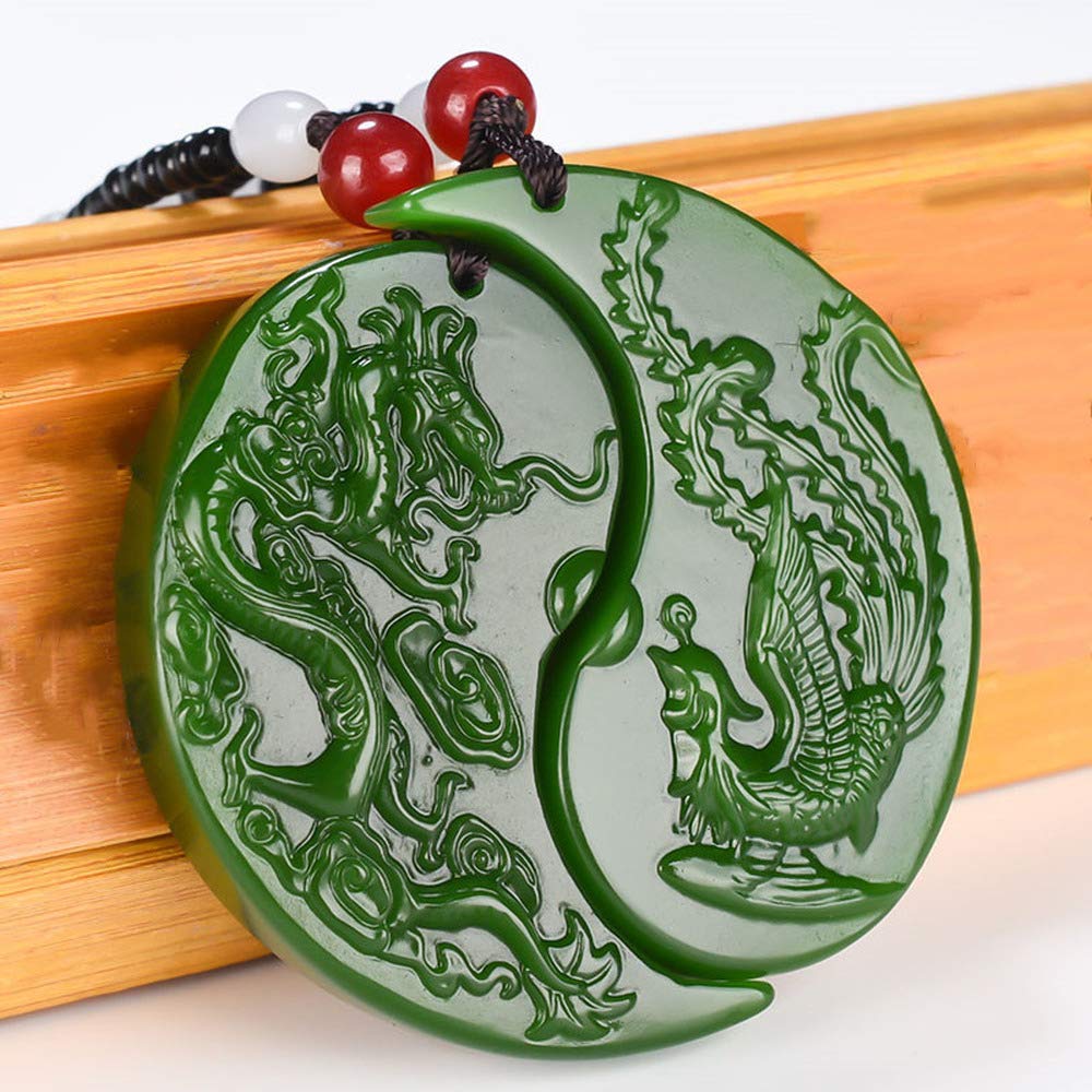 Naszyjnik z kamienia jadeitowego, chiński zielony jadeitowy smok feniks wisiorek z jadeitu pomyślny amulet para wisiorków z jadeitu/509