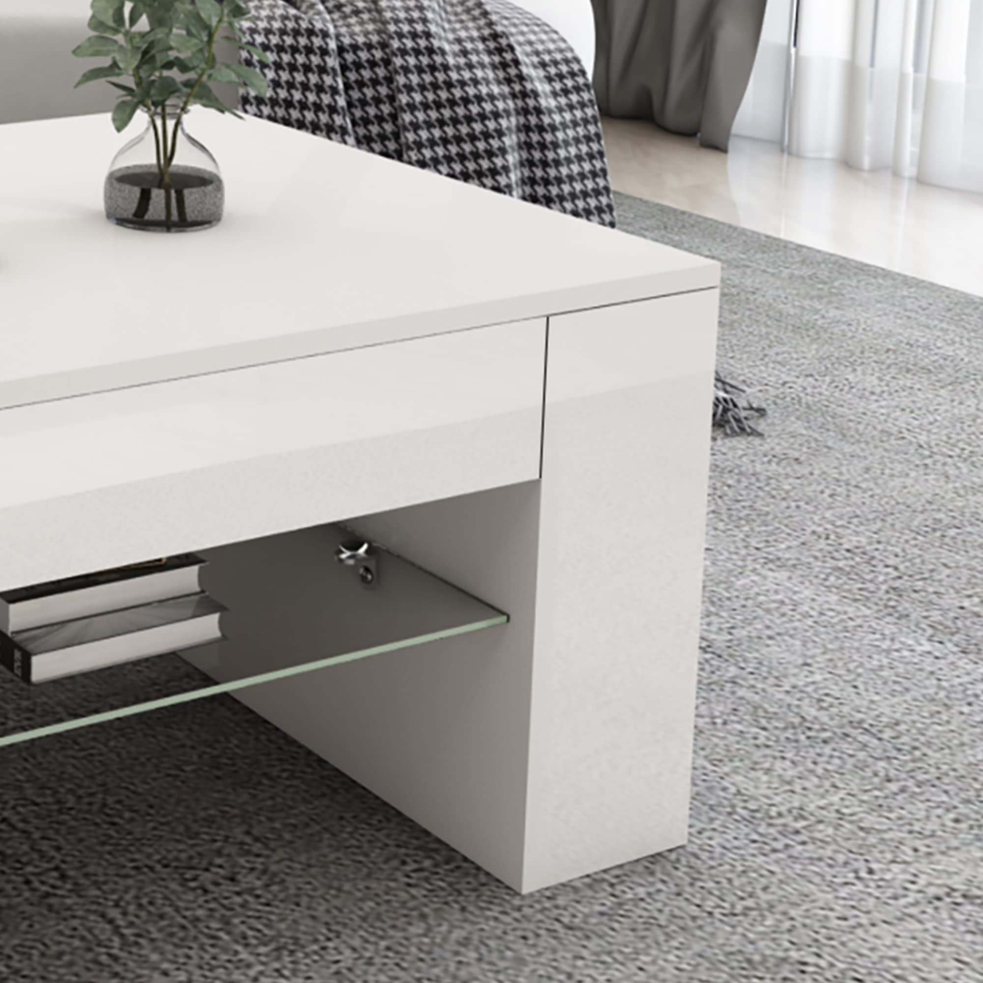 ML-Design Mesa de Centro y Estante de Almacenamiento 100 x 42 x 60 cm Revestido Blanco con Balda de Vidrio y 4 Compartimentos Laterales Elegante Mesita de Café Rectangular para Salón