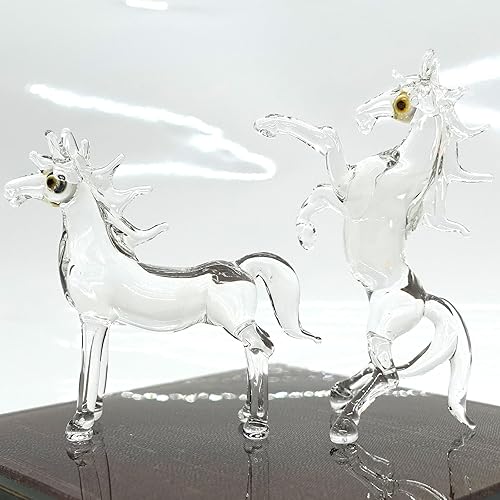 2 figuras en miniatura de caballos animales soplados a mano arte de vidrio transparente coleccionable, regalo coleccionable para decorar el hogar