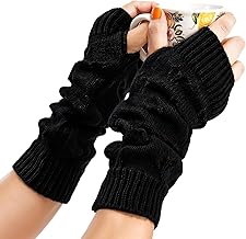 Black Fairy Grunge Arm Warmers Y2k with Thumb Hole, Soft Fingerless Ripped Long Sleeve Warm Crochet Gloves, Goth Women Girls Grunge Accessories for Band Party Halloween Christmas