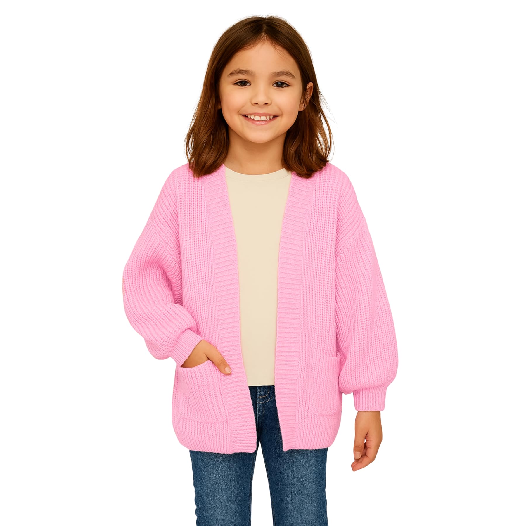 Cardigan da ragazza aperto sul davanti con maniche a palloncino, cardigan oversize lavorato a maglia grossa con tasche, caldo cardigan invernale autunnale, ragazze età 7-13 anni
