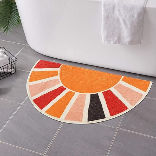 Tapete de baño para el sol, tapete de baño bohemio de medio círculo, decoración de baño bohemia, alfombra suave de medio círculo para baño, tapete