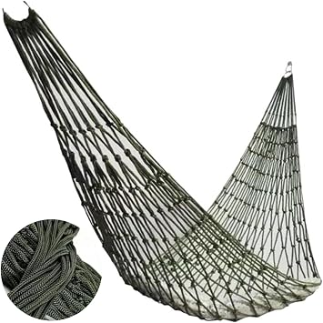 Outdoor Travel Camping Sport Hammock, Outdoor Sport Hammock Net Mesh Nylon Rope Sleeping Bed Swing with Hooks for Garden Beach Yard Travel Army Green