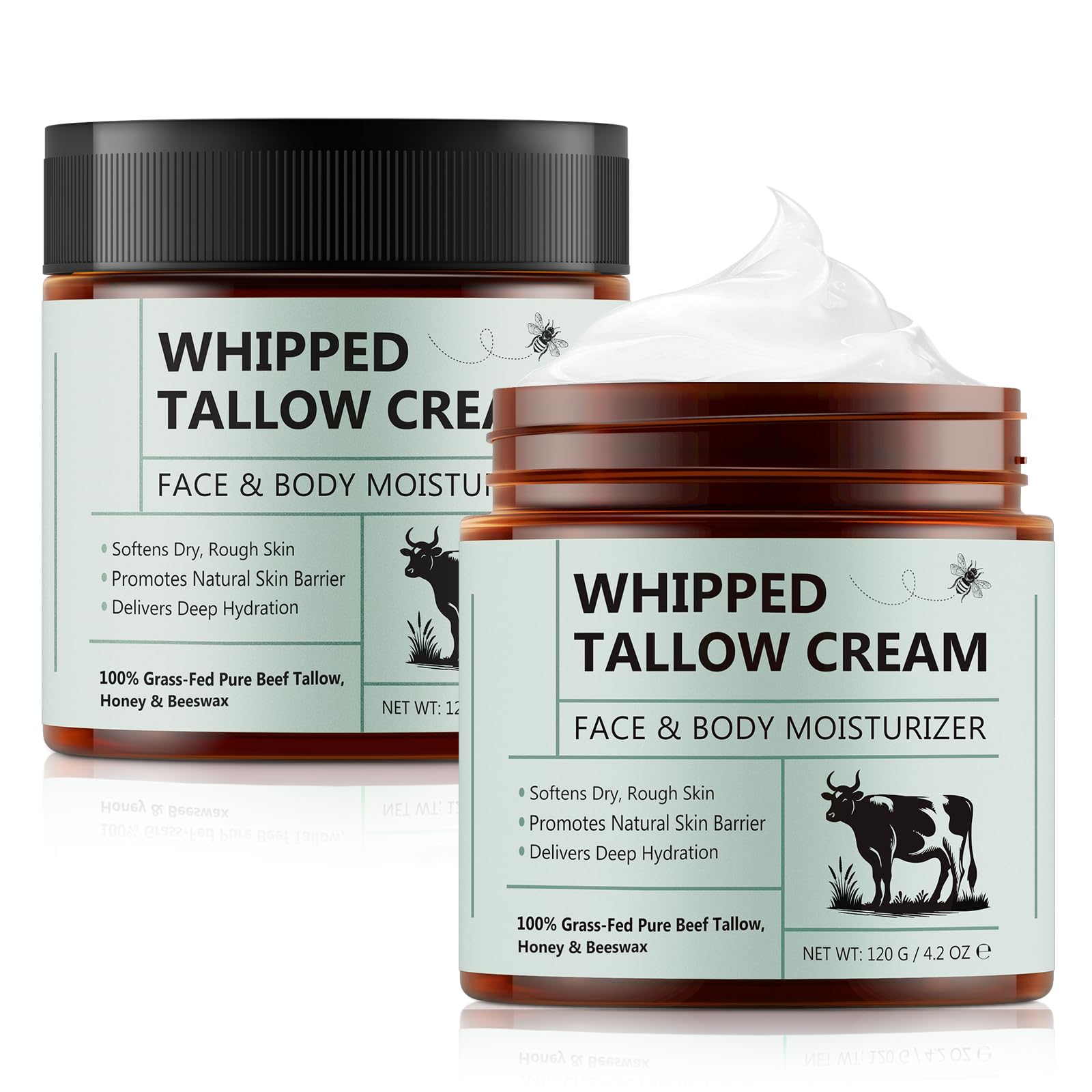 Beef Tallow Creme - Rindertalg Skincare, 100% Gras gefüttert reinen Rindertalg, Natürliche Honig Feuchtigkeitscreme für Gesicht Körper Tiefe Hydratation, Whipped Tallow Balm 120 G (2 Packs)