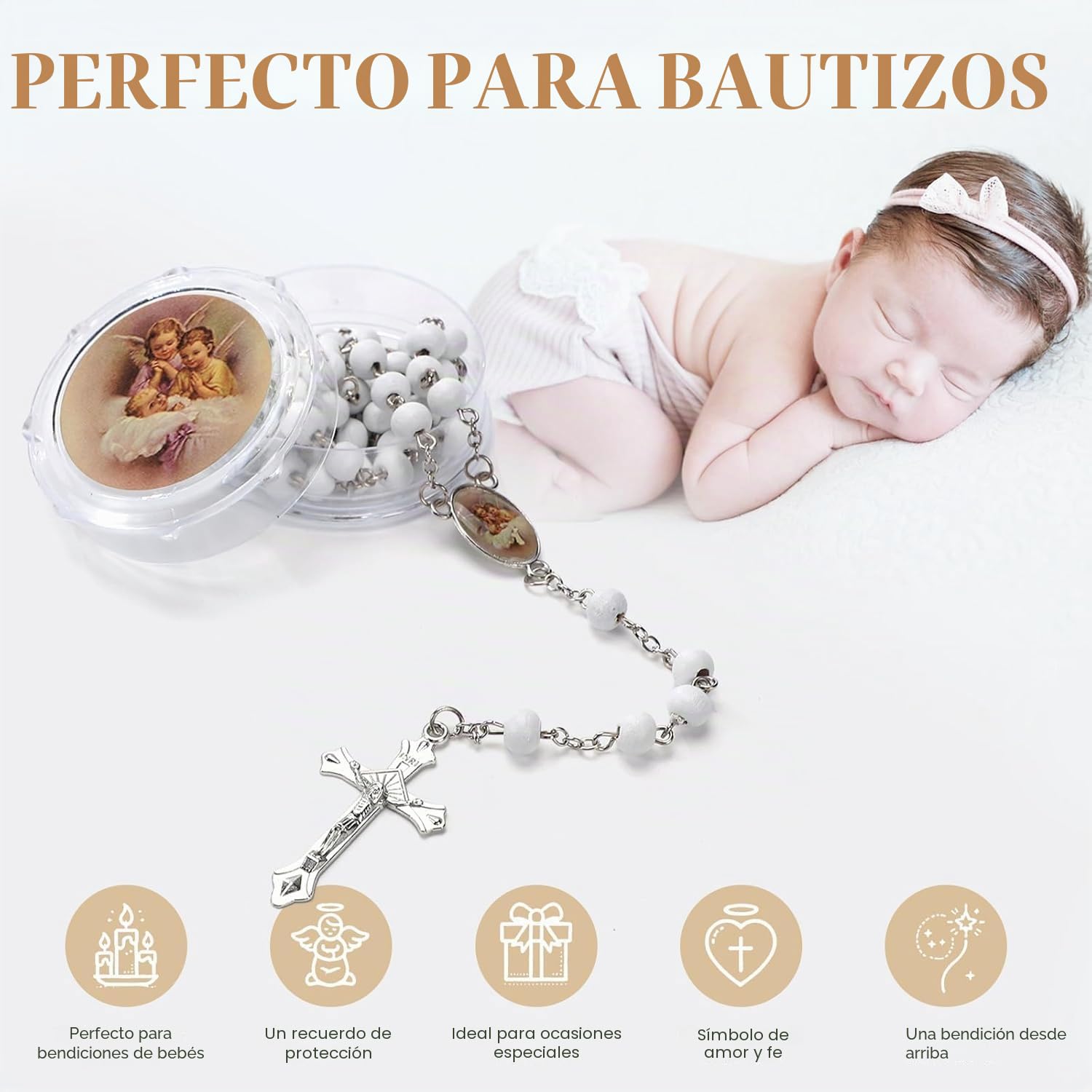 24 Unidades Rosario de Madera Perfumada con Colgante de Angelito para Bautizo y Comunión, Recordatorios Comunión Detalles para Invitados, Regalos Bautizo Niña Niño, Regalos Invitados Boda