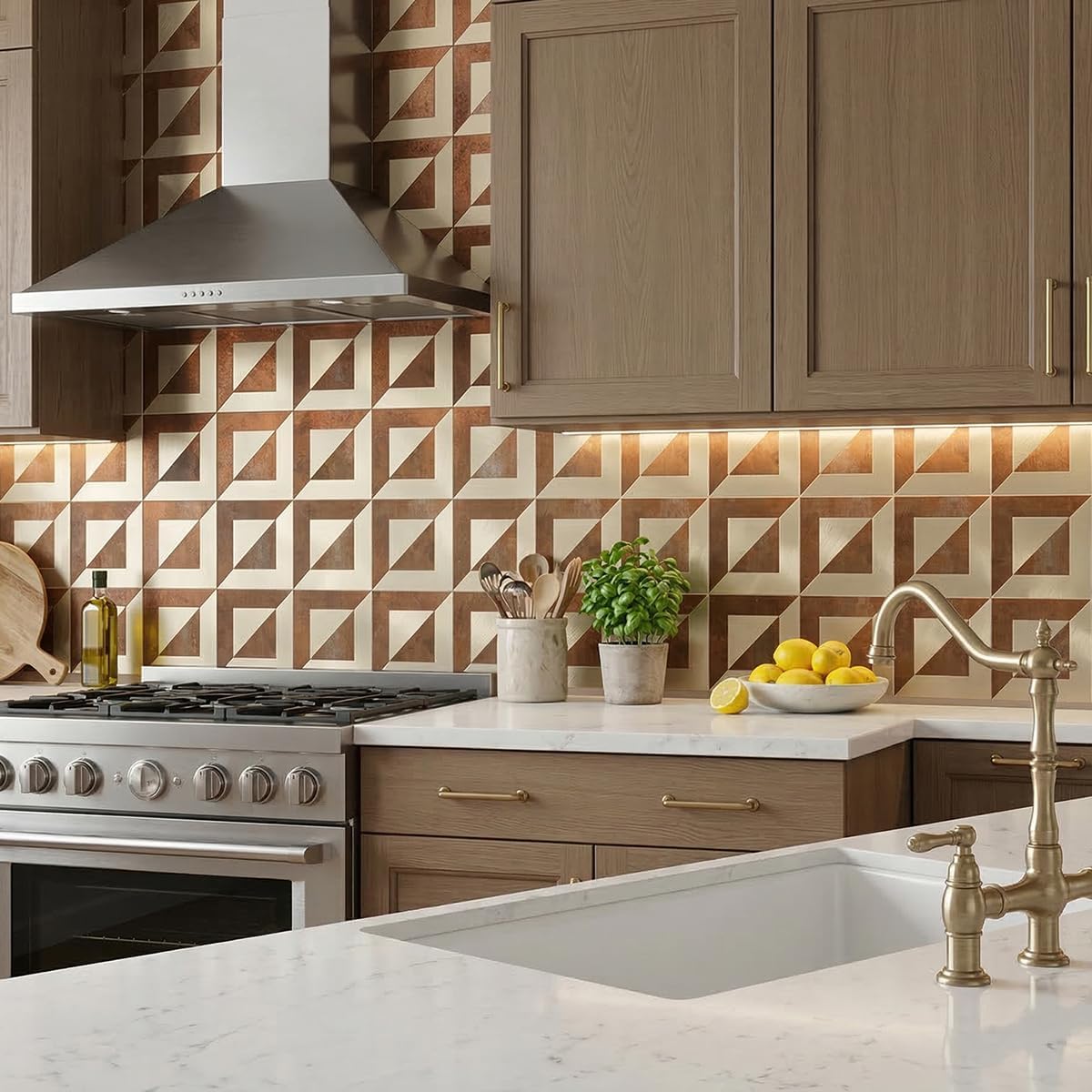 10-Sheets Stunning 3D Visuals Peel and Stick Backsplash Wall Tiles, PVC Mixed Metallic Look,Heat Resistant Stick on Tiles for Kitchen Wall, Bathroom, Laundry Room(Retro Brown + Light Gold)