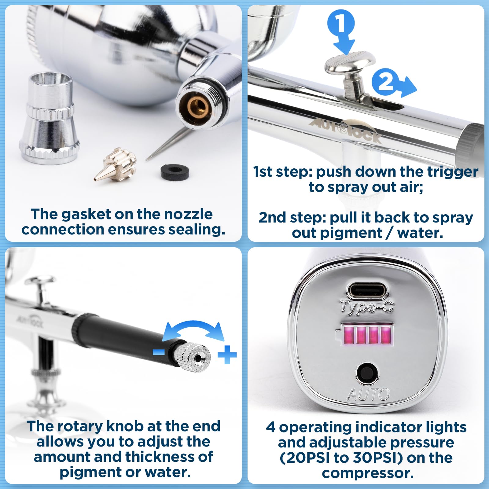 Autolock Airbrush, set di pistola a spruzzo 30PSI con compressore, kit aerografo portatile set aerografo a mano ricaricabile, per trucco, decorazione torte, modello, nail art, tatuaggi