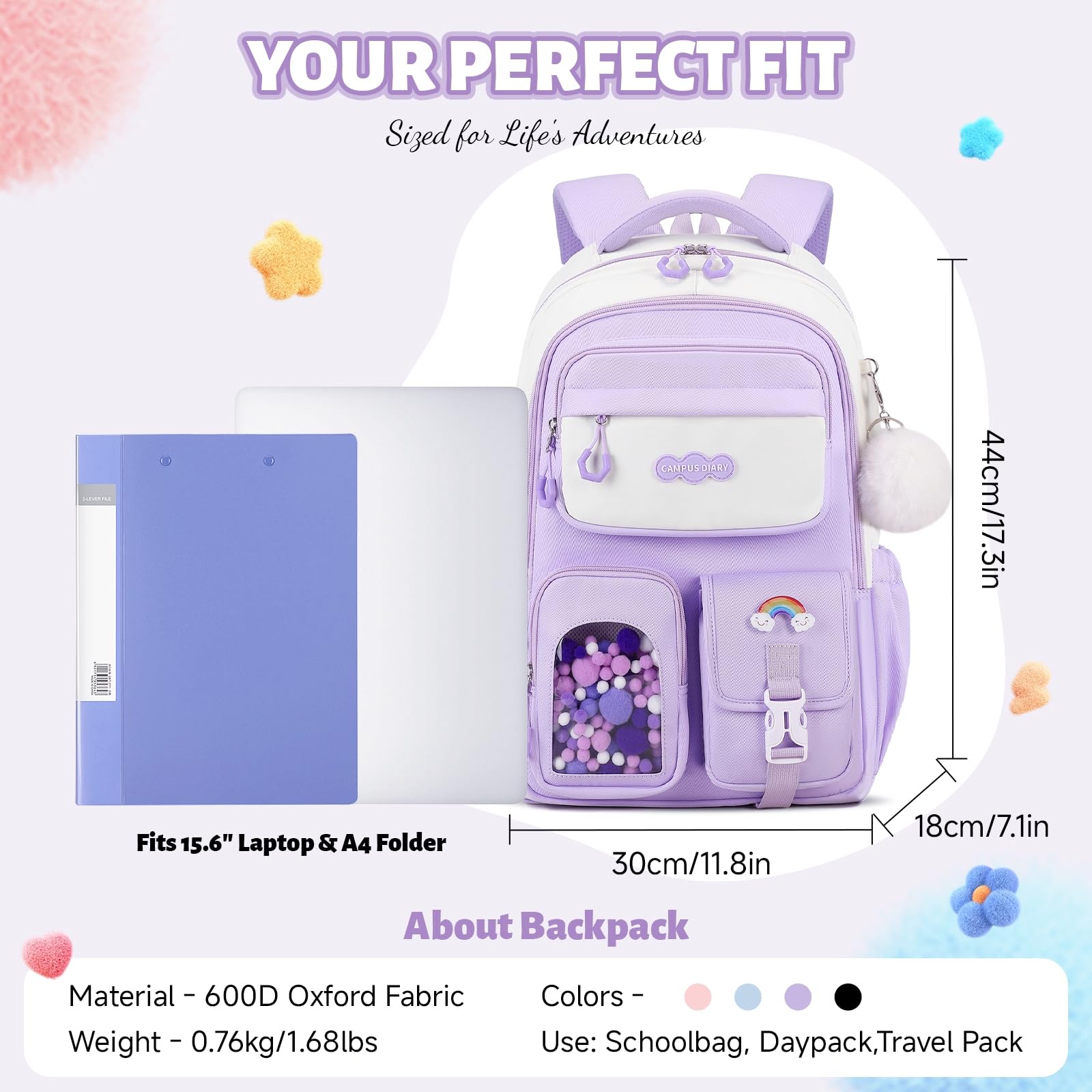 Amythe Sac à Dos Fille Kawaii, Cartable Scolaire Ado 24L, Cartable pour Fille Primaire Collège avec Réflecteurs (9-16 Ans), Sac D'école Enfant pour École Voyage et Loisirs, Violet