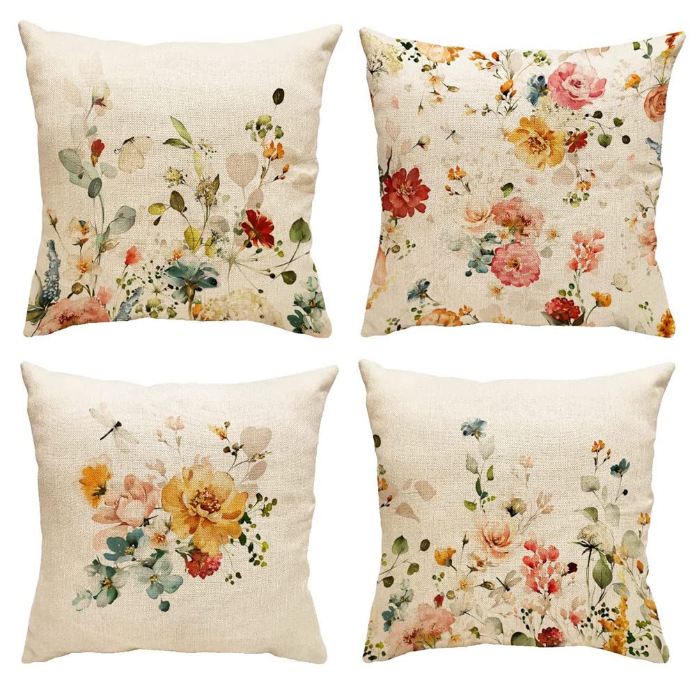 CTRLZS Spring Pillow Covers Sofa Pillowcase 18X18 Set of 4 Farmhouse Throw Pillow Spring Decorations Floral Cushion Case for Home Decor