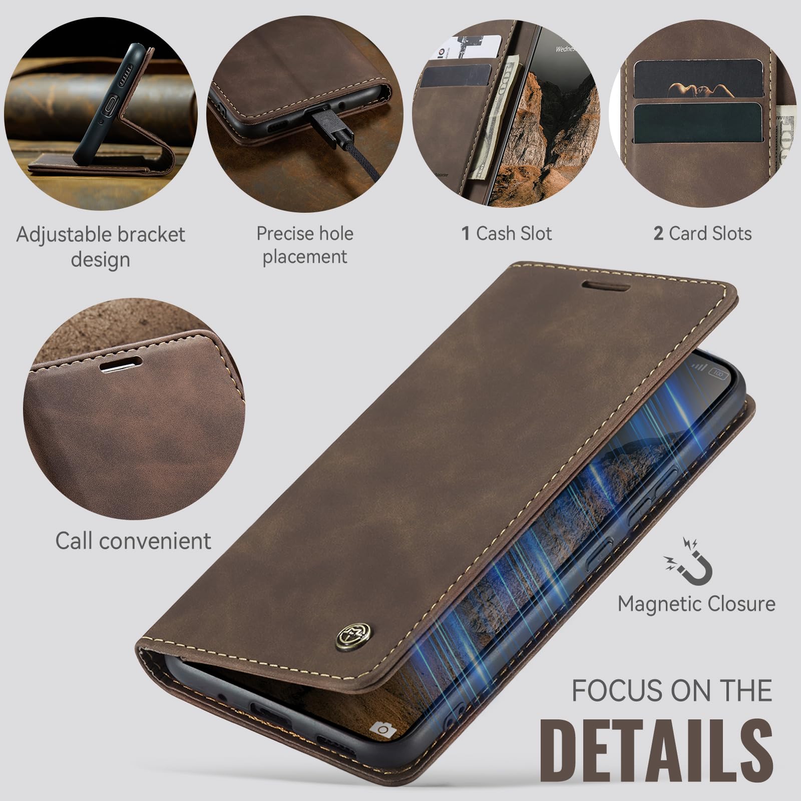 Samokor Cover per Xiaomi 15 Pro 5G Pelle Flip Custodia Cavalletto Portafoglio Magnetica Carta Fessura Antiurto per Xiaomi 15 Pro,Caffè